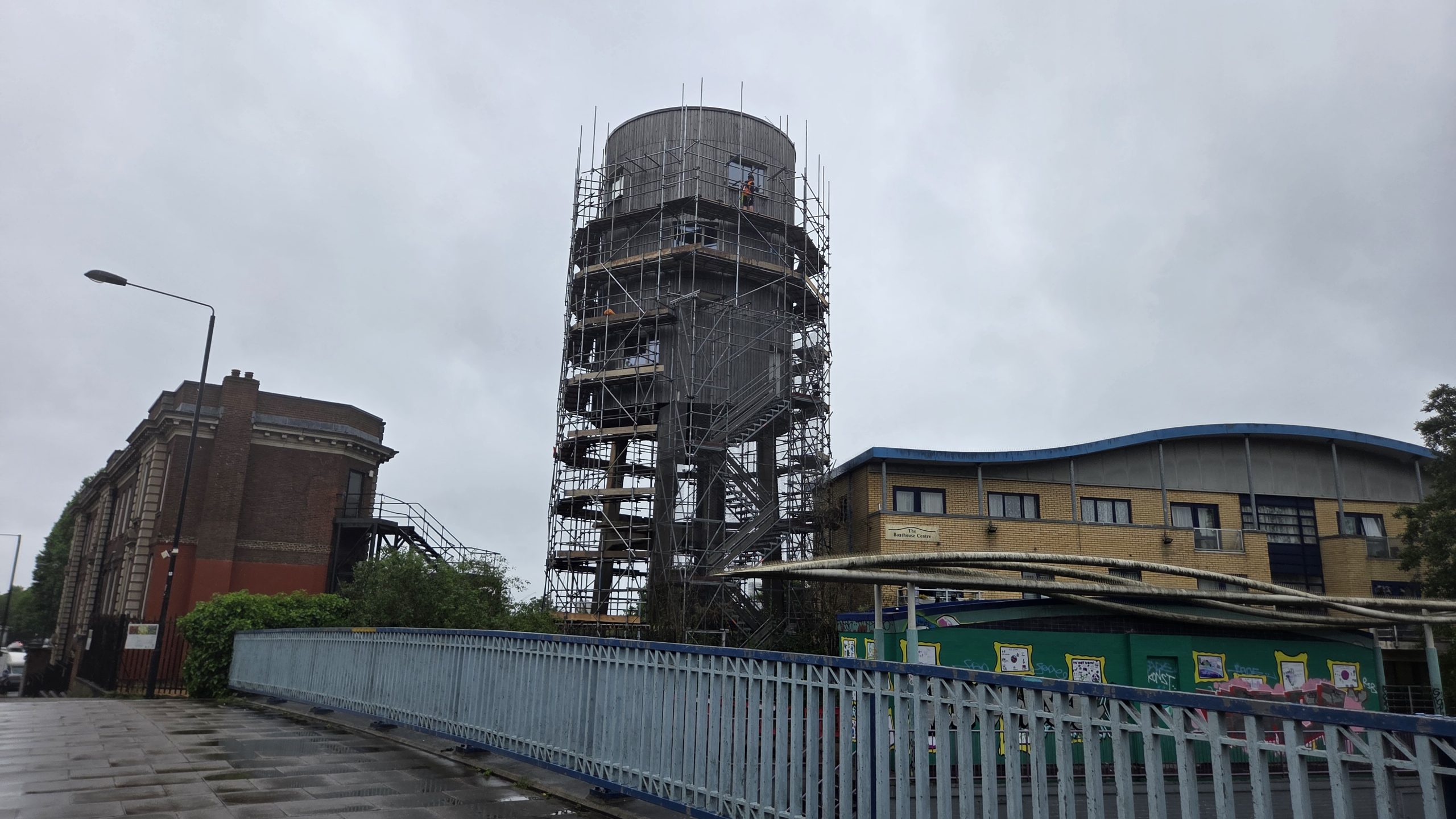 Water tower with scaffolding going up